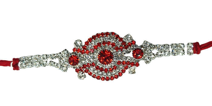 2-in-1 colorful Rakhi with a mix of Red and Silver Stones