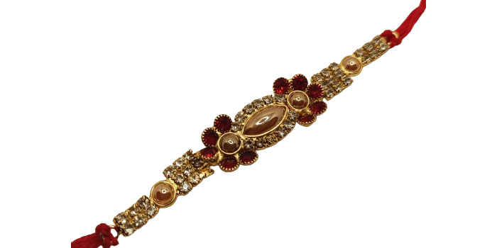 Gemstone Rakhi with Red and Golden Stones