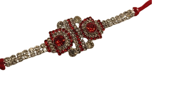 Gemstone Rakhi in Red and Silver Gemstones