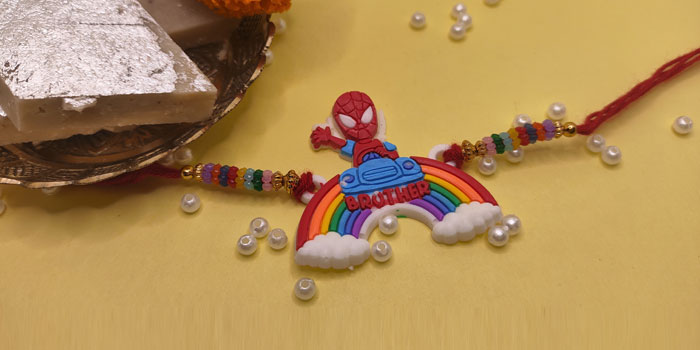 Spiderman Rakhi with Rainbow Design for your Brother and Roli - Chawal