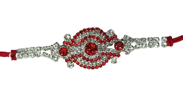 2-in-1 colorful Rakhi with a mix of Red and Silver Stones