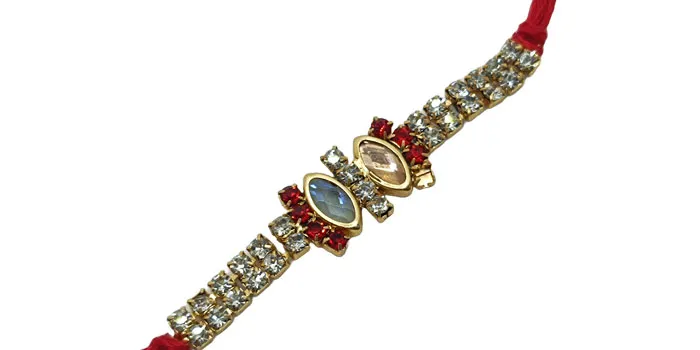 Vibrant Rakhi with Pendant Shaped Gemstones.